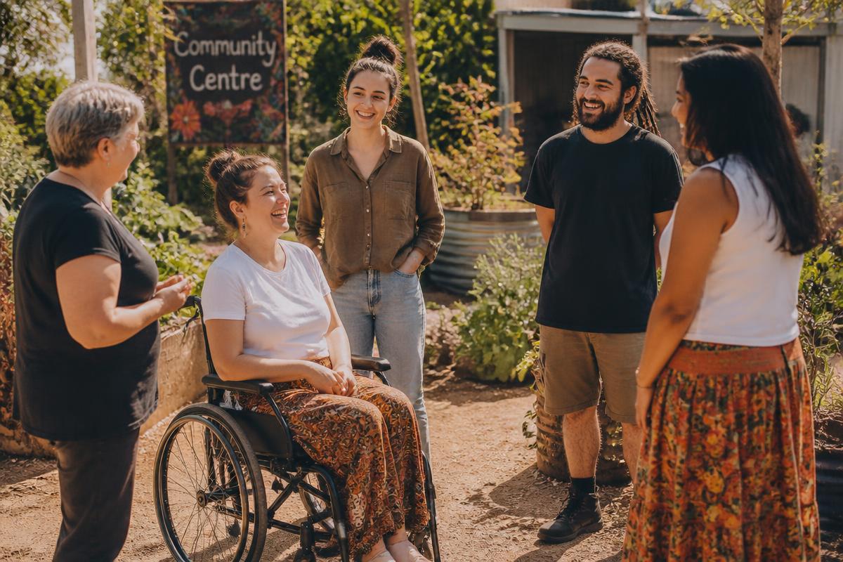 A small group of people including a wheelchair user chatting together in a sunny community centre garden