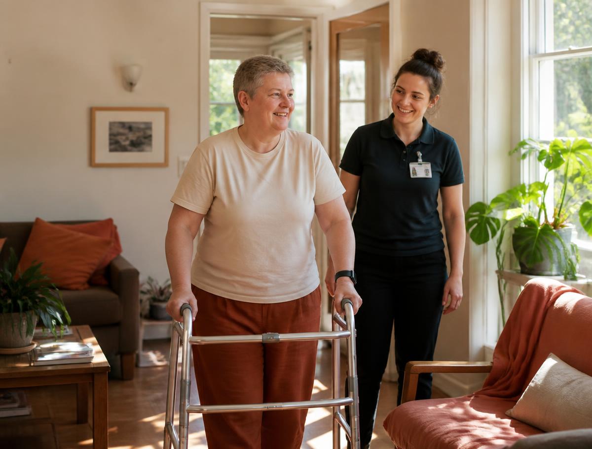 A woman using a walking frame moves through a sunlit living room while a support worker walks beside her